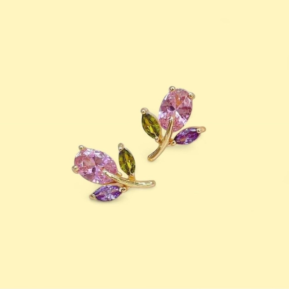 Gold Floral Multi-Stone Stud Earrings - Pink & Green